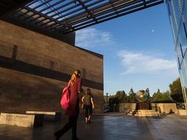 Grimm Hall courtyard at dusk.